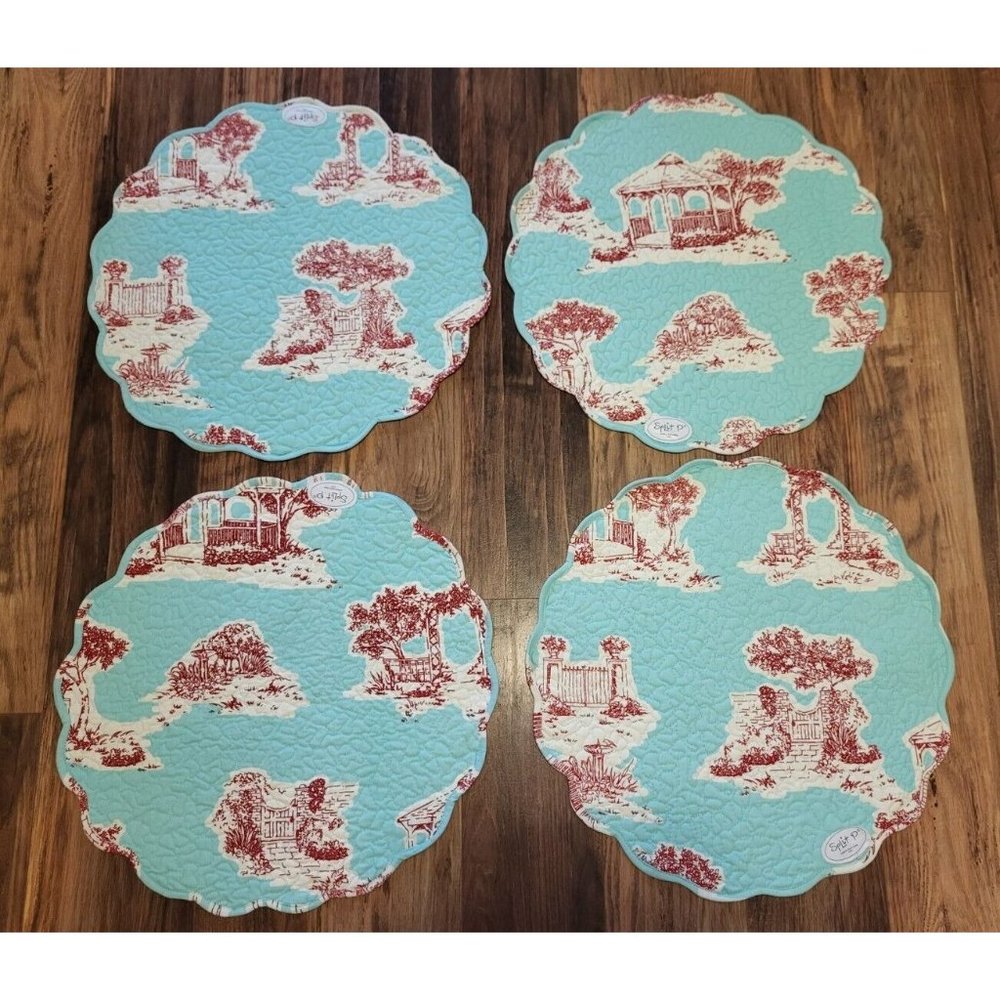 New Split P Round Quilted Reversible Placemats Aqua Red Toile Medallion Set Of 4